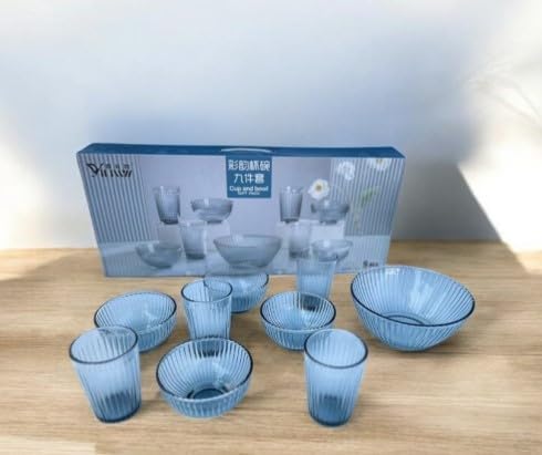 wda Glass Dinnerware Set, 9-Piece Modern Ribbed Design, Serving Bowl and Cups,