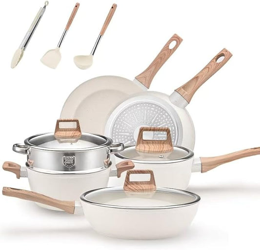 Upgrade Your Kitchen with Chanskyu Nonstick Pots and Pans Set - 12-Piece Cookware Set Featuring FDA-Certified Safety, Effortless Cleaning & Elegant Design - Compatible with All Stove Types (WHITE)