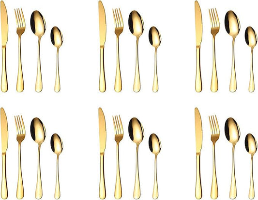 Arabest 24-Piece Silverware Set with Steak Knives, Stainless Steel Flatware Cutlery Set For Home Kitchen Restaurant Hotel, Kitchen Utensils Set, Mirror Polished, Dishwasher Safe (Gold)