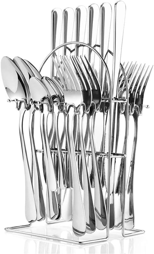 24 Pieces Silverware Set with Holding Stand, Stainless Steel Cutlery Set Flatware Utensils Including Steak Knife/Fork/Spoon (Silver)