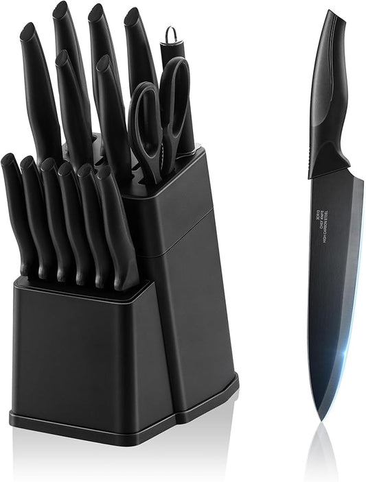 E-far Knife Set with Block, 15 Pieces Kitchen Knife Block Set with Sharpener, High Carbon Stainless Steel Sharp Chef Knife Set with Ergonomic Handles, Anti Rust, Black