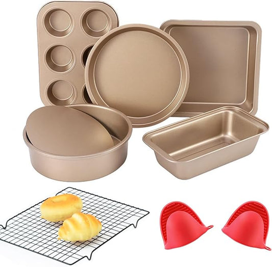EYSOO Nonstick Bakeware Set 7 Pcs Baking Pans Set- Pizza Tray, Round/Square Pans, Loaf Pan, 6-Cup Muffin Pan Carbon Steel Baking Trays Oven Trays for Bakers Beginners with Rack & Mitts (Golden)