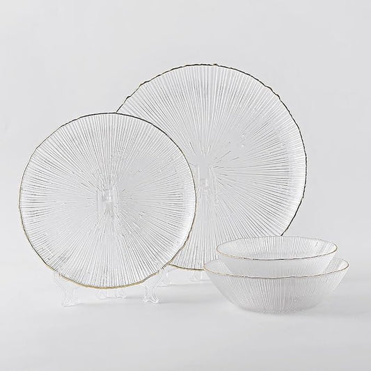 SHUER Glass Plate Set of 4, Glassware Kitchen Dinnerware of Party Food,Round Dinner Sets for Salad,Microwave Glass Dishware Set (White)