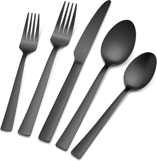 E-far 40-Piece Matte Black Silverware Set, Stainless Steel Flatware Set Service for 8, Metal Cutlery Eating Utensils Tableware Includes Forks/Spoons/Knives, Square Edge