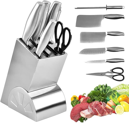 Gluckluz Block Knife Sets, Kitchen Knife Kit of 6pcs Kitchen Sharpener Tool Utensil Stainless Steel Knife Set with Block Sharpening Sticks Scissors Meat Knives Vegetable Knives Fruit Knives