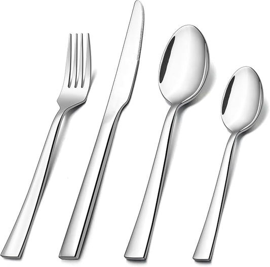 E-far 24-Piece Silverware Set, Stainless Steel Flatware Tableware Set for 6, Eating Dinner Utensils for Home Restaurant Party, Include Spoons, Fork, Knife, Square Edge & Mirror Finish, Dishwasher Safe
