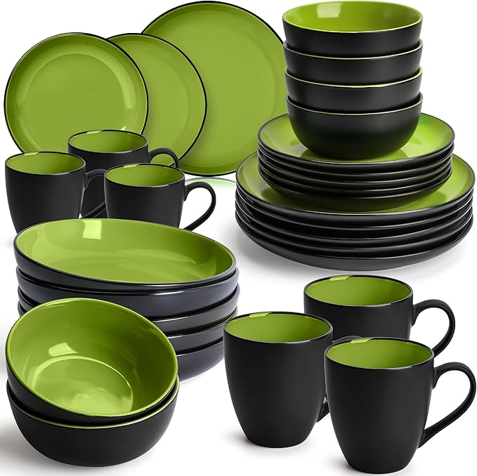 MIAMIO β 30-Piece, Service for 6 Dishware Set/Stoneware Dinnerware Set β Including Plates, Bowls and Mugs β Microwave & Dishwasher Safe β Le PaPillon Collection (Green)