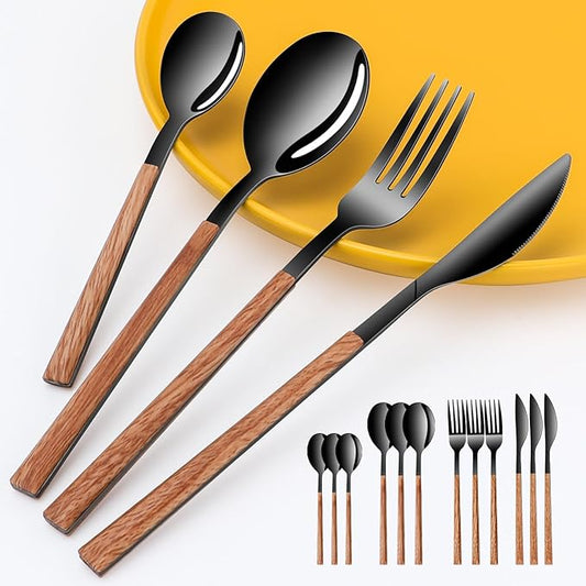 Stainless Steel Flatware Set for 4, Cutlery Utensils Set Include Knives/Forks/Spoons Service for 4, Mirror Polished and Dishwasher Safe, Black