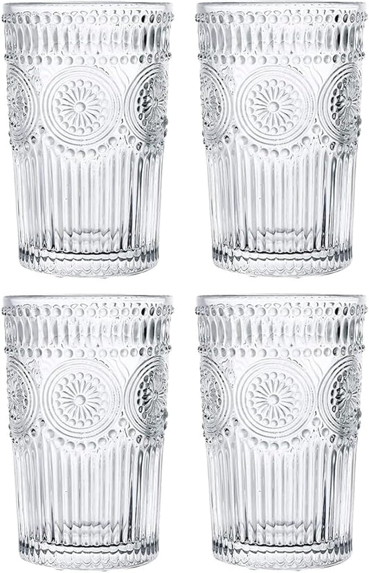 ALMEKAQUZ Cup Set of 6, Romantic Water Glasses, 310ml Premium Drinking Glasses Tumblers, Vintage Glassware Set for Juice, Beverages,Coffee (350ml-4pc)