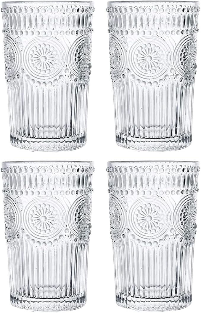 ALMEKAQUZ Cup Set of 6, Romantic Water Glasses, 310ml Premium Drinking Glasses Tumblers, Vintage Glassware Set for Juice, Beverages,Coffee (350ml-4pc)