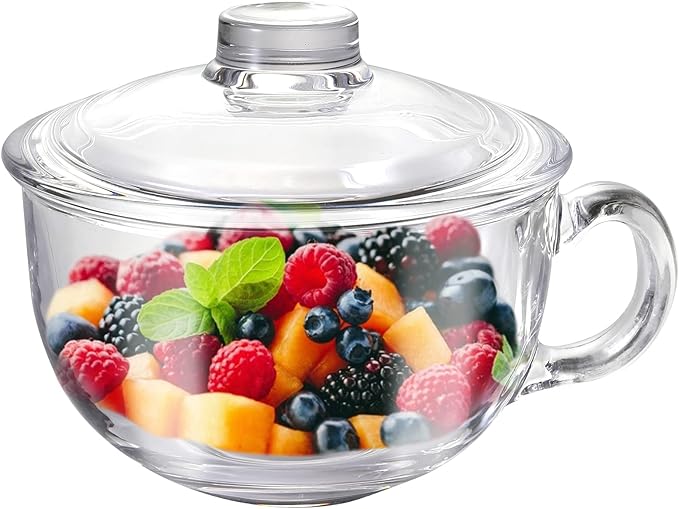Glass Cereal Bowl Glass Soup Bowl with Handle, Clear Small Bowls with Glass Lid Oatmeal Breakfast Bowls Microwave Safe Glassware Yogurt Bowl for Dessert Pasta Rice,500ml/16 oz
