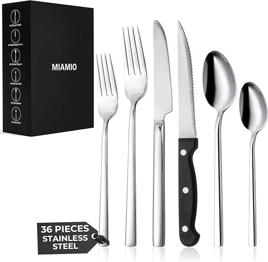 MIAMIO – Cutlery Set Stainless Steel for 6 People / 36-Piece Flatware Set – Includes Knives, Forks, Spoons – Dishwasher Safe (Silver)