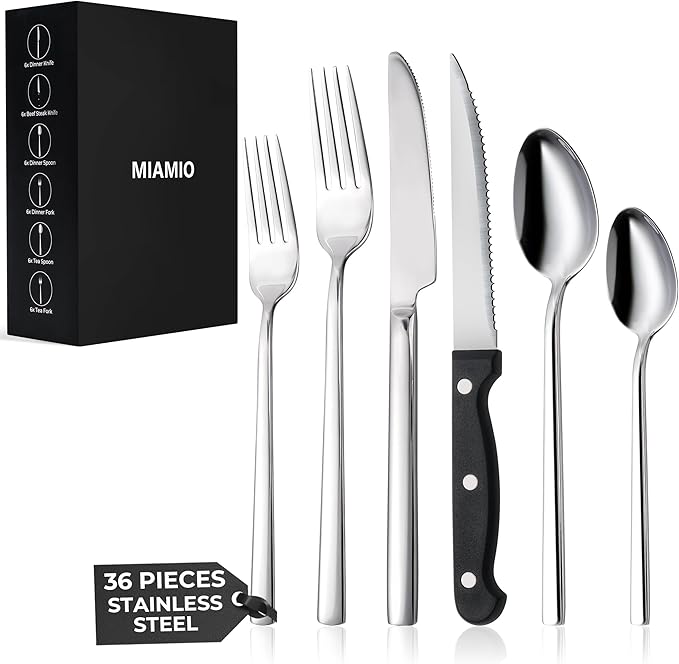 MIAMIO β Cutlery Set Stainless Steel for 6 People / 36-Piece Flatware Set β Includes Knives, Forks, Spoons β Dishwasher Safe (Silver)