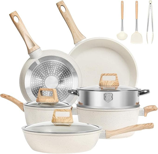 12 Pcs Pots and Pans Set, Granite Nonstick Cookware Sets, Induction Non Toxic Healthy Kitchen Cooking Set with Frying Pans Set, Saucepans, Steamer, PFAS PTFE PFOA PFOS Free, White