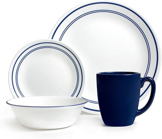 Corelle 16-Piece Vitrelle Glass Classic Cafe Blue Chip and Break Resistant Dinner Set, Service for 4, Blue