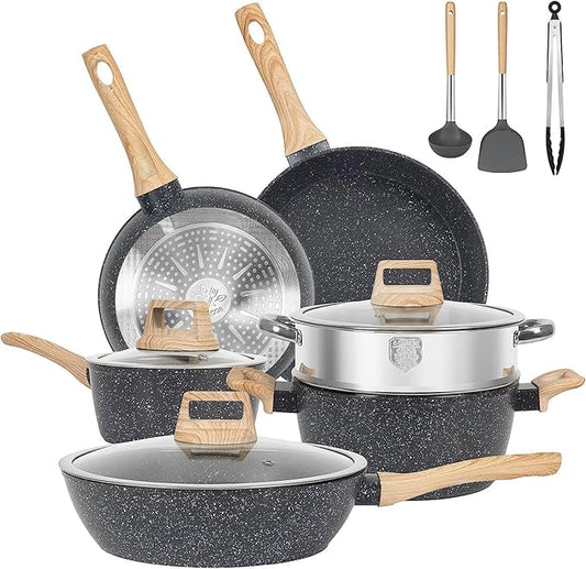 12 Pcs Pots and Pans Set, Granite Nonstick Cookware Sets, Induction Non Toxic Healthy Kitchen Cooking Set with Frying Pans Set, Saucepans, Steamer, PFAS PTFE PFOA PFOS Free, Black