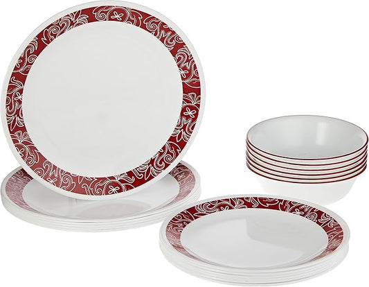 Corelle 18-Piece Vitrelle Glass Bandhani Chip and Break Resistant Dinner Set, Red