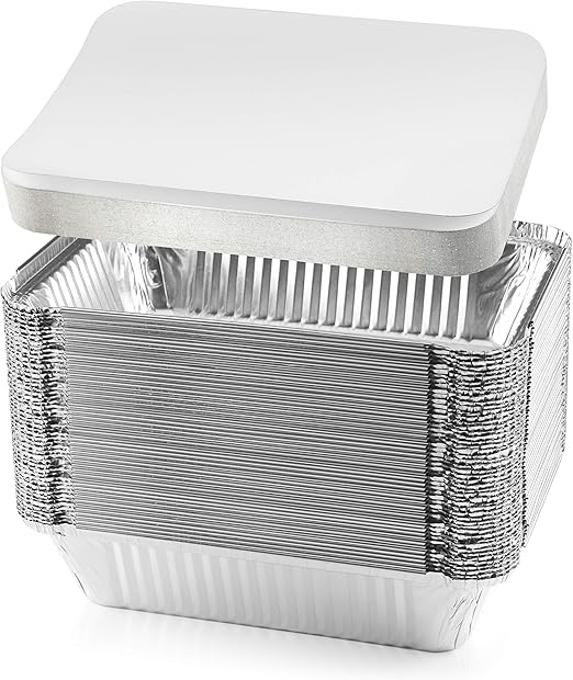 NYHI 50-Pack Heavy Duty Disposable Aluminum Oblong Foil Pans with Lid Covers Recyclable Tin Food Storage Tray Extra-Sturdy Containers for Cooking, Baking, Meal Prep, Takeout - 8.4" x 5.9" - 2.25lb