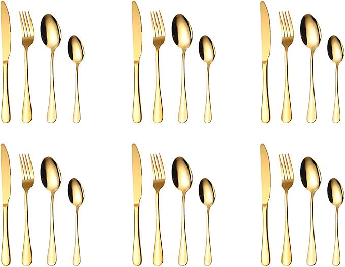 Arabest 24-Piece Silverware Set with Steak Knives, Stainless Steel Flatware Cutlery Set For Home Kitchen Restaurant Hotel, Kitchen Utensils Set, Mirror Polished, Dishwasher Safe (Gold)